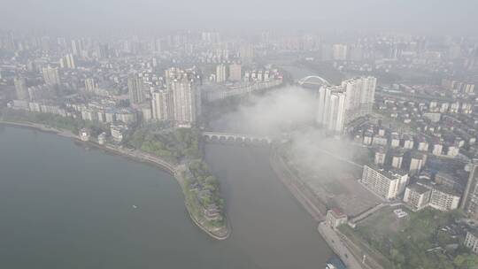 航拍衡阳石鼓书院湘江平流雾