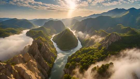 山间河流云海日出全景