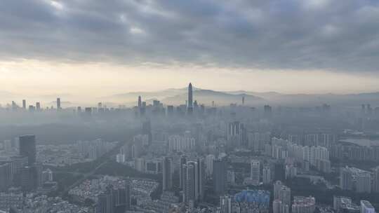 深圳福田清晨平流雾日出航拍