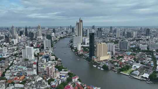 航拍泰国曼谷湄南河城市高楼天际线风光