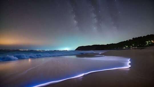 夜晚海滩星空海浪景象