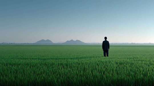 辽阔稻田里男子眺望远方山脉