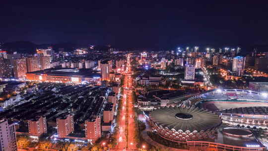 航拍丽水商会大厦夜万地景延时