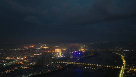 城市航拍洛阳阴雨天后城市云海夜景建筑