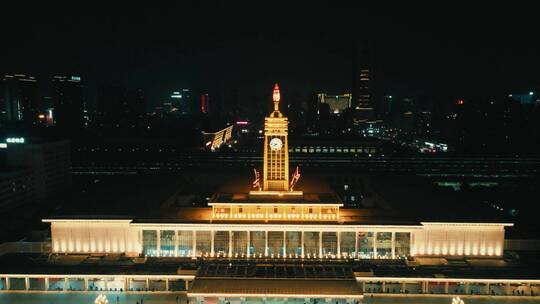 湖南长沙火车站夜景灯光航拍