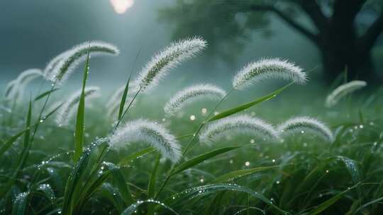 夏天雨后狗尾草雨露清新自然微距特写