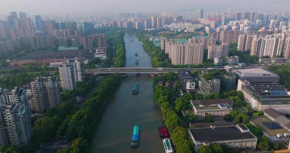 杭州拱墅区大运河河畔风光航拍