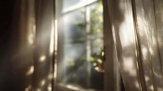 室内窗户透过阳光与窗帘画面