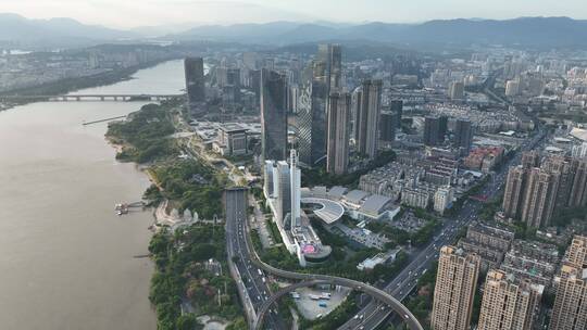 航拍福州闽江尤溪洲大桥道路江景