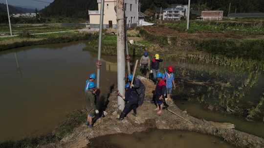 航拍水田里面安装电线杆