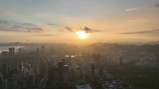 航拍深圳福田区市民中心高空朝西