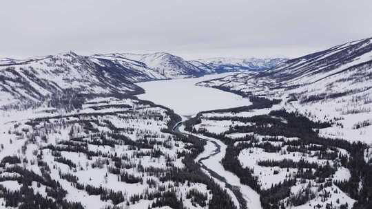 新疆阿勒泰地区喀纳斯景区雪景航拍