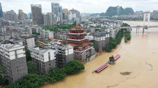 航拍洪水过境及山洪泥石流道路损毁