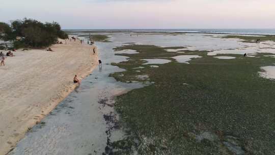 日落时海滩上人们的无人机镜头