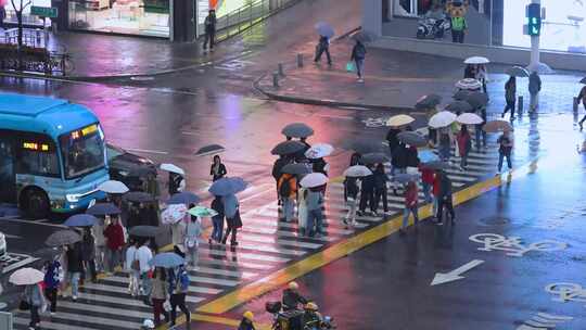 雨天街道路口斑马线人群过马路