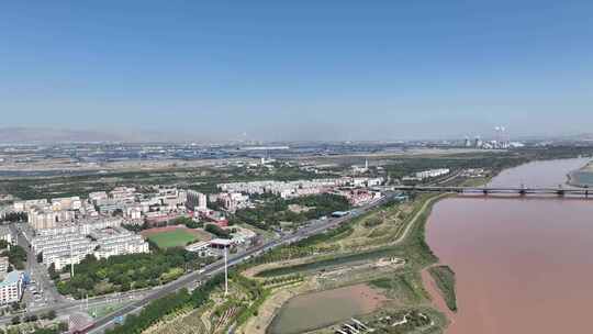 4K宁夏石嘴山市惠农区 城区 黄河 滨河大道