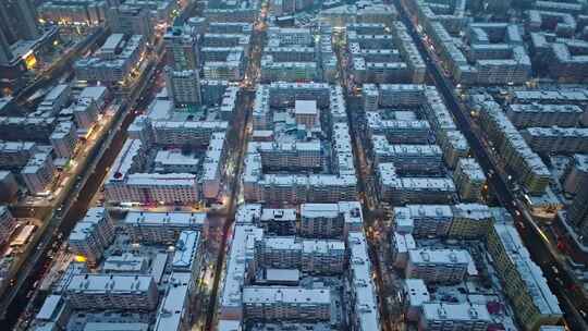 中国黑龙江哈尔滨住宅小区雪景航拍