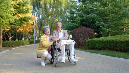 推轮椅在公园的老人 陪伴