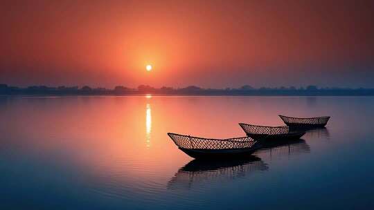 静谧湖面渔船剪影映衬唯美日落