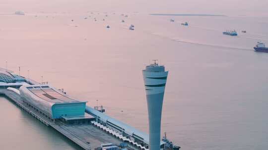 航拍上海吴淞口国际邮轮港港口码头