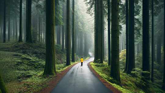 男人行走在原始森林里道路迷茫未知自然风景