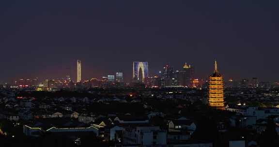 苏州姑苏区北寺塔夜景航拍古今结合