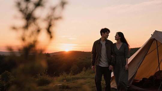 情侣户外露营夕阳下漫步