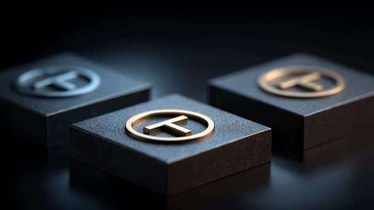 金属质感字母T标志在黑色背景下的特写