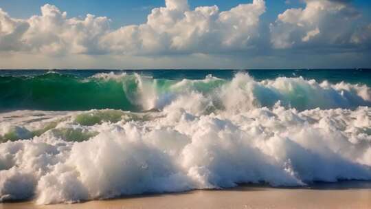 海边翻滚的白色海浪