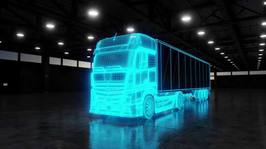 发光车库中发光蓝色商用车的3D动画