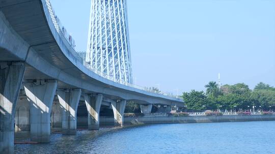 珠江高架桥上有轨电车与广州塔建筑景观