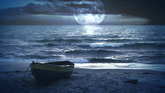 海上海浪月亮木船