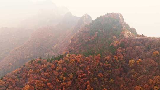 北京秋天司马台长城群山红叶大气航拍