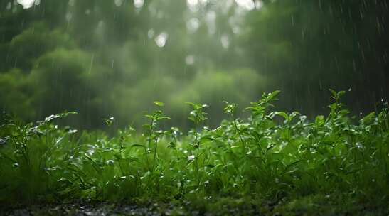 绿色热带树叶上的新鲜雨滴，拍摄V1