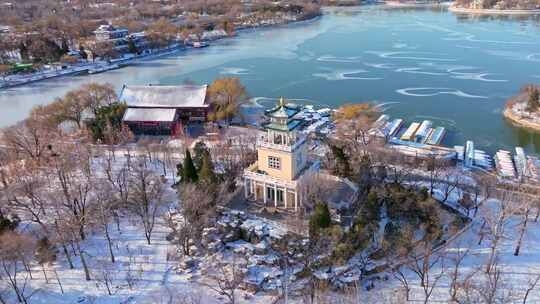 水上公园雪景绿色冬日城市天津天塔地标公园