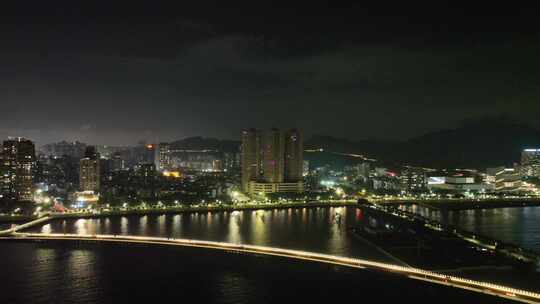 珠海夜景航拍海滨城市情侣中路夜晚建筑风光