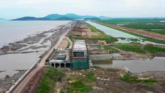 台州湾新区，海边堤坝，航拍素材