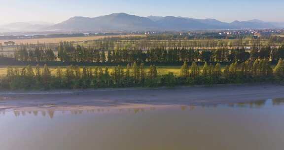 杭州西湖区双浦钱塘江五丰岛沿江航拍风光