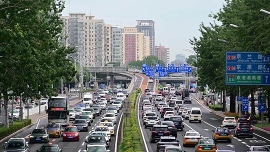 北京三环路拥堵车流立交桥交通视频素材模板下载