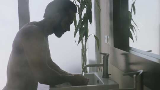 男人在浴室洗脸