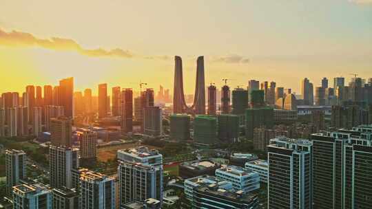 航拍杭州之门城市夕阳晚霞风光