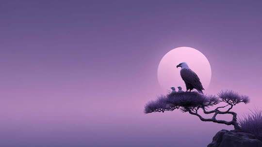 紫月之下雄鹰守护雏鸟的宁静画面