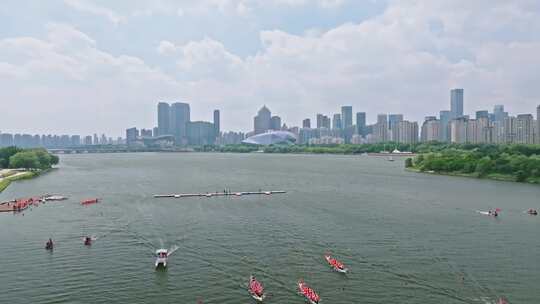 城市文旅宣传片素材多段河岸地标建筑划龙舟