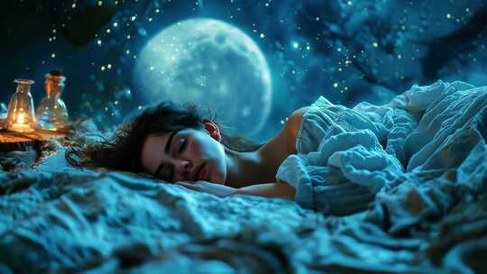 床上用品女人睡觉休息月亮星空躺着明月模特