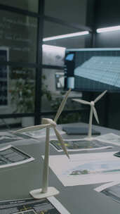 替代能源部办公室桌子上的风力涡轮机原型视频素材模板下载