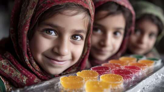 阿富汗女孩展示彩色糖果的甜蜜笑容