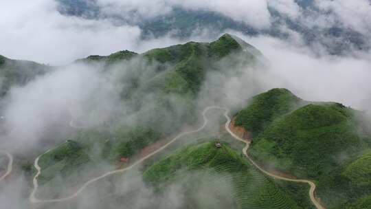 航拍广西权群山绵延云雾飘渺云海盘山公路