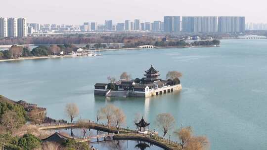 京杭运河石湖景区湖天镜阁美景（航拍素材）