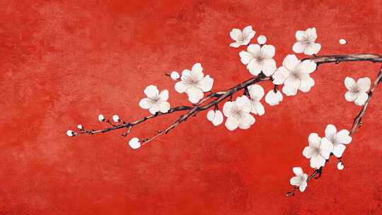 红背景白梅花古风画面