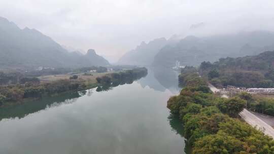 航拍广东清远阳山连江流域乡村田园风光